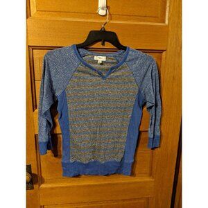 Allison Brittney Top Shirt Size M Gray Blue Distressed Look VNeck Stretch Stripe